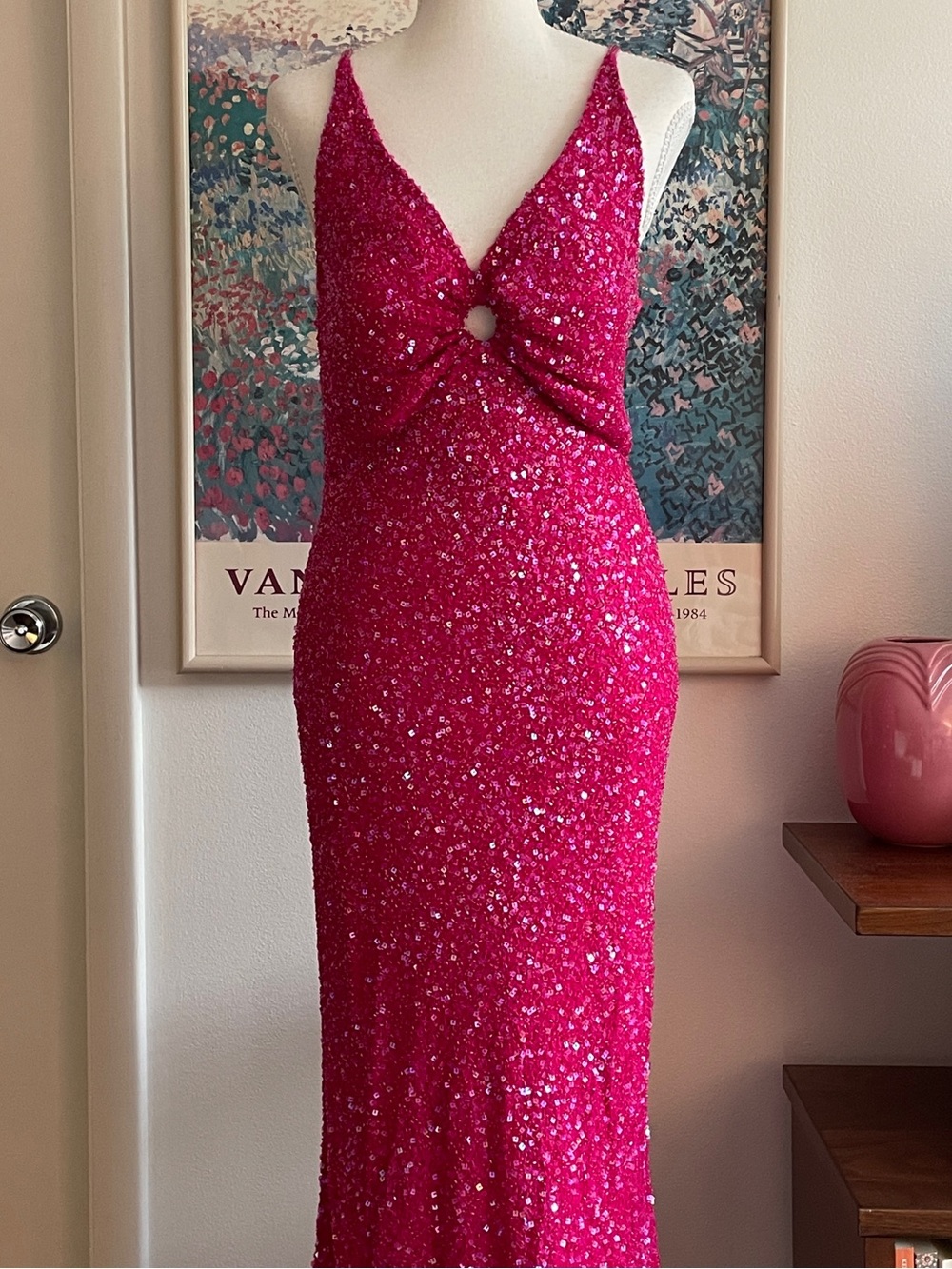 Scala Maxi Gown Medium Pink Silk Beaded Sequin V-Neck Cutout Fairy Mermaid Y2K